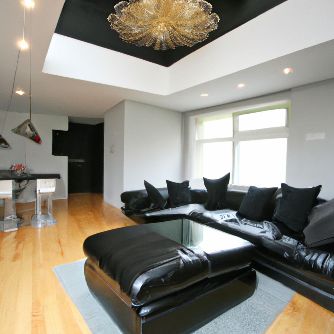 modern living room with gold ceiling light on black ceiling